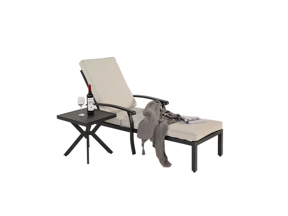 Chaise longue de jardin 1 pièce avec coussin beige imperméable en coton inclinable et réglable structure aluminium antirouille transat piscine extérieur