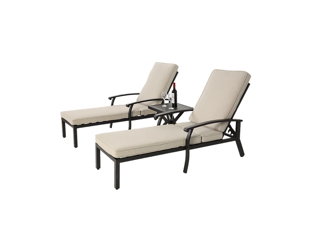 Chaise longue de jardin 1 pièce avec coussin beige imperméable en coton inclinable et réglable structure aluminium antirouille transat piscine extérieur