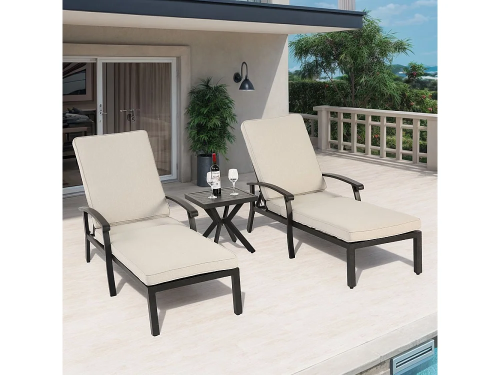 Chaise longue de jardin 1 pièce avec coussin beige imperméable en coton inclinable et réglable structure aluminium antirouille transat piscine extérieur