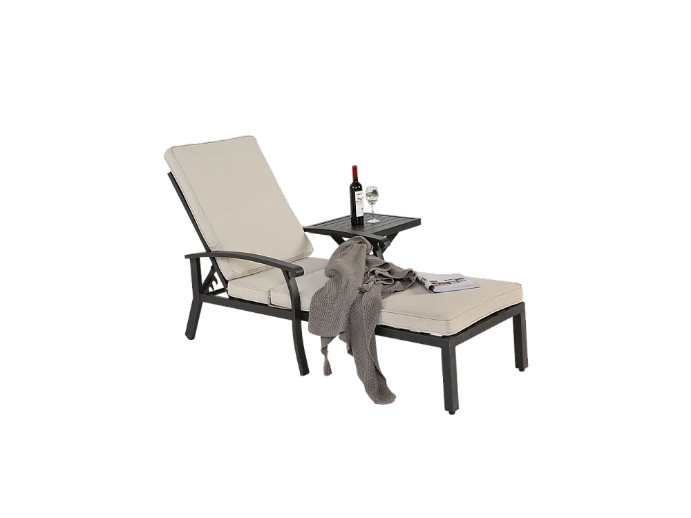 Chaise longue de jardin 1 pièce avec coussin beige imperméable en coton inclinable et réglable structure aluminium antirouille transat piscine extérieur