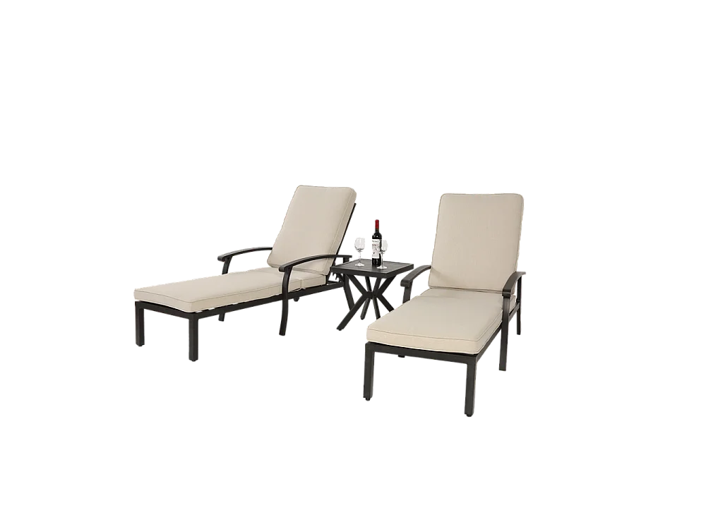 Chaise longue de jardin 1 pièce avec coussin beige imperméable en coton inclinable et réglable structure aluminium antirouille transat piscine extérieur