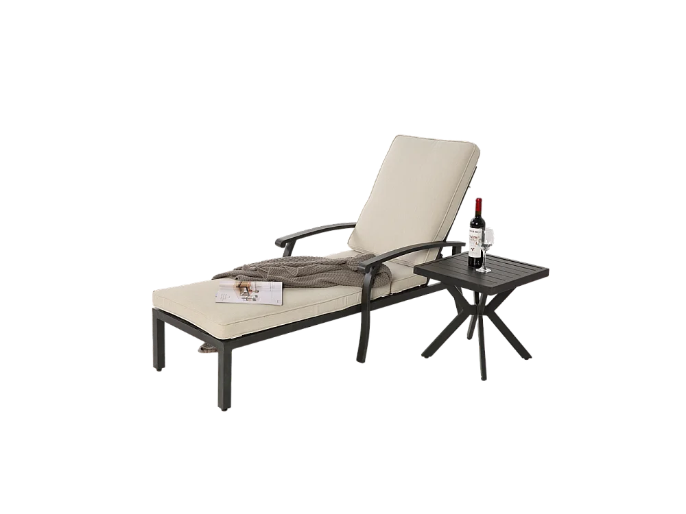 Chaise longue de jardin 1 pièce avec coussin beige imperméable en coton inclinable et réglable structure aluminium antirouille transat piscine extérieur