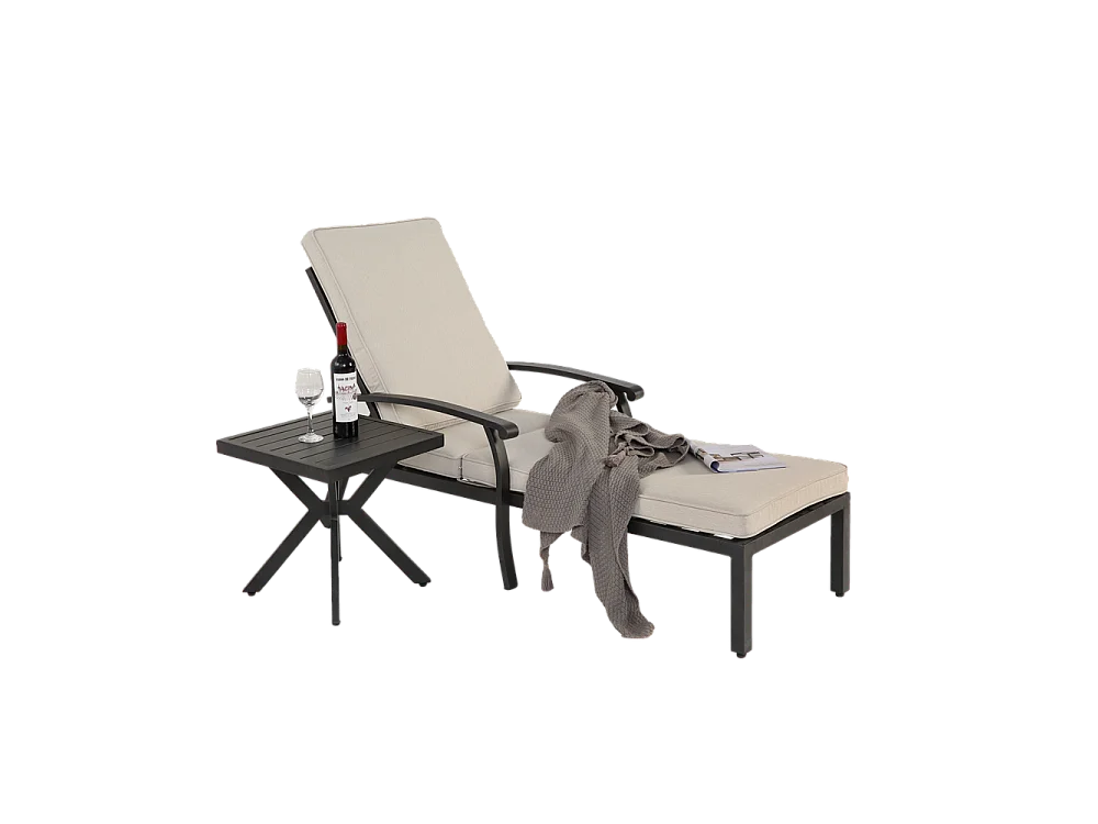 Chaise longue de jardin 1 pièce avec coussin beige imperméable en coton inclinable et réglable structure aluminium antirouille transat piscine extérieur