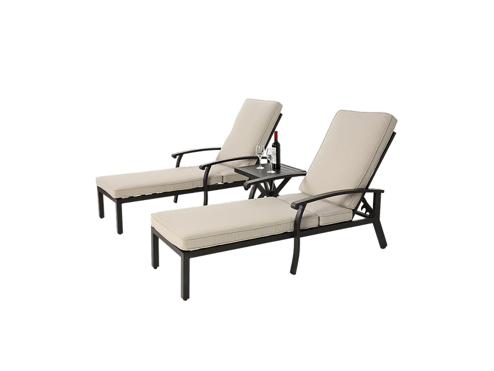 Chaise longue de jardin 1 pièce avec coussin beige imperméable en coton inclinable et réglable structure aluminium antirouille transat piscine extérieur