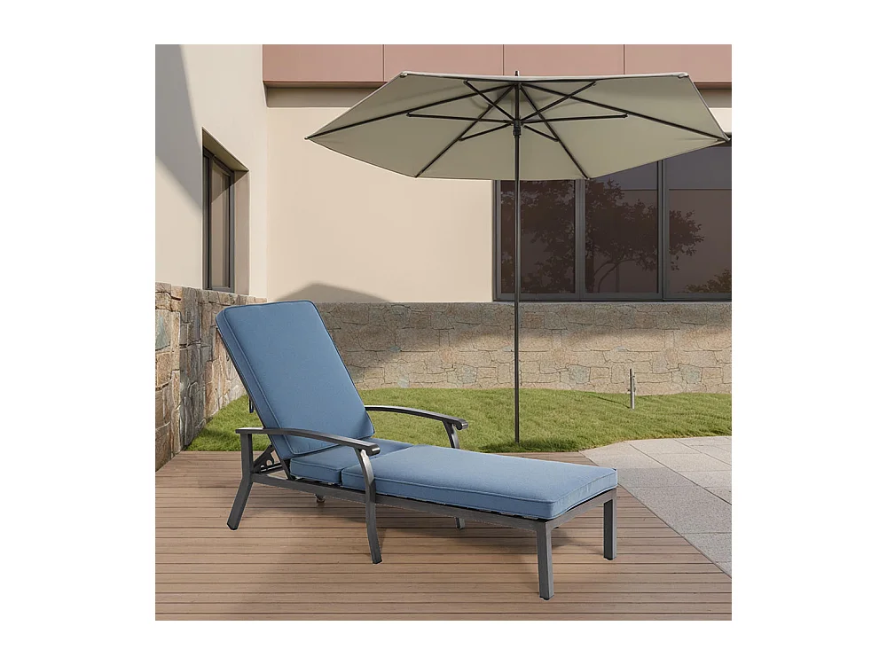 Chaise longue de patio 1 pièce en aluminium antirouille inclinable et réglable avec coussin bleu imperméable en coton meuble transat piscine extérieur