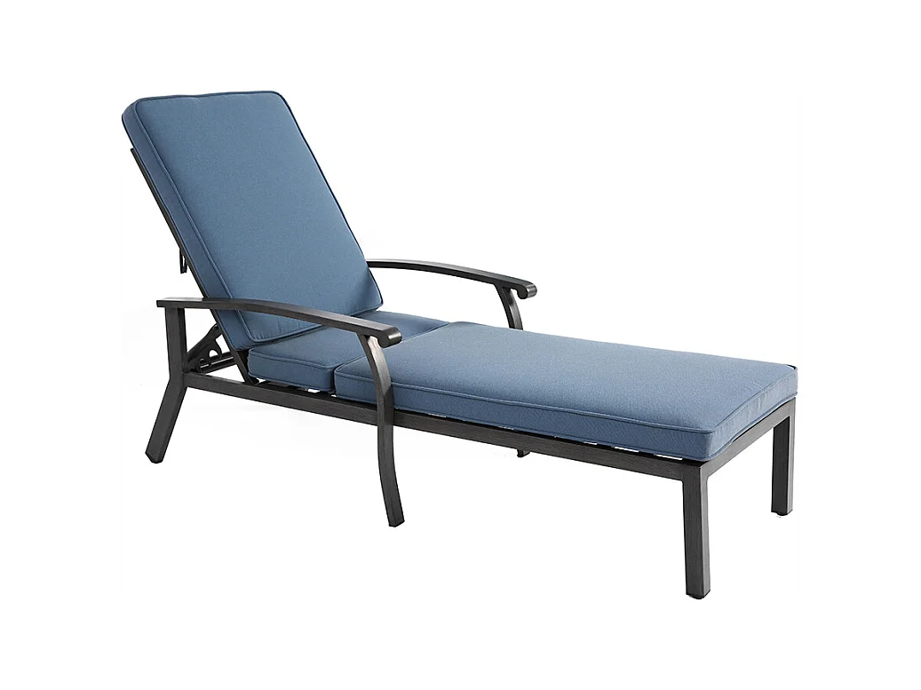 Chaise longue de patio 1 pièce en aluminium antirouille inclinable et réglable avec coussin bleu imperméable en coton meuble transat piscine extérieur