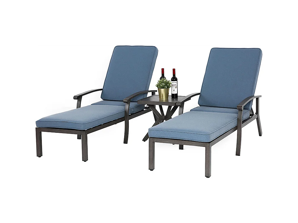Chaise longue de patio 1 pièce en aluminium antirouille inclinable et réglable avec coussin bleu imperméable en coton meuble transat piscine extérieur