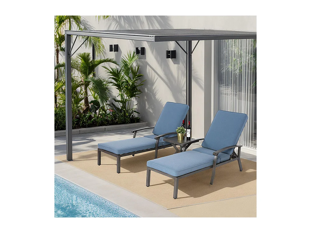 Chaise longue de patio 1 pièce en aluminium antirouille inclinable et réglable avec coussin bleu imperméable en coton meuble transat piscine extérieur