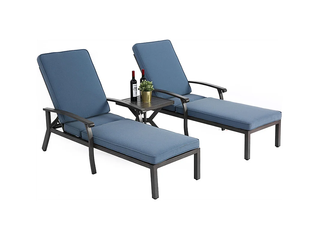 Chaise longue de patio 1 pièce en aluminium antirouille inclinable et réglable avec coussin bleu imperméable en coton meuble transat piscine extérieur