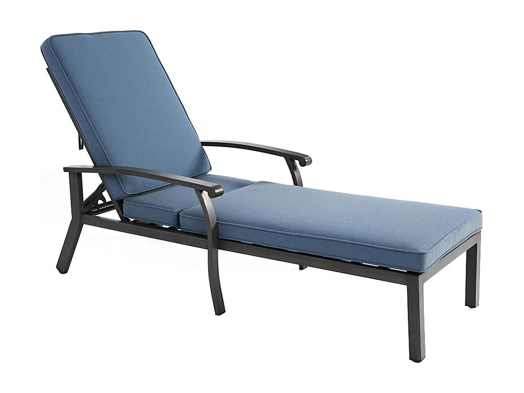 Chaise longue de patio 1 pièce en aluminium antirouille inclinable et réglable avec coussin bleu imperméable en coton meuble transat piscine extérieur