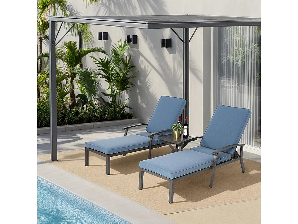 Chaise longue de patio 1 pièce en aluminium antirouille inclinable et réglable avec coussin bleu imperméable en coton meuble transat piscine extérieur