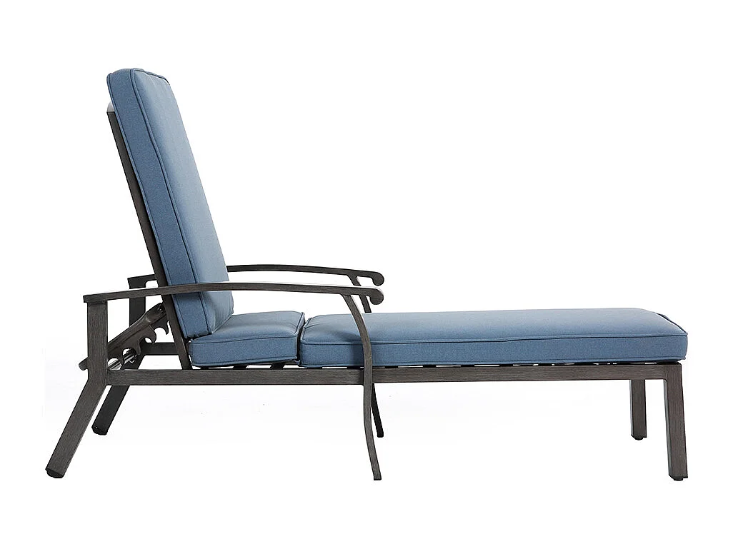 Chaise longue de patio 1 pièce en aluminium antirouille inclinable et réglable avec coussin bleu imperméable en coton meuble transat piscine extérieur