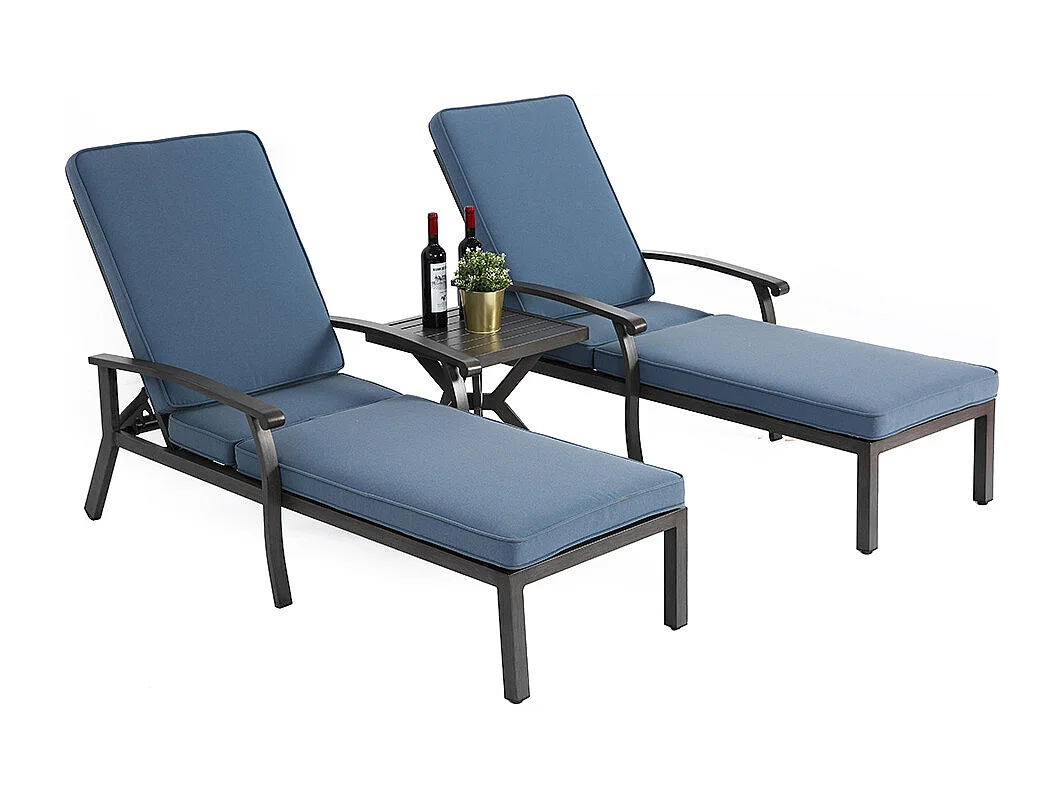 Chaise longue de patio 1 pièce en aluminium antirouille inclinable et réglable avec coussin bleu imperméable en coton meuble transat piscine extérieur