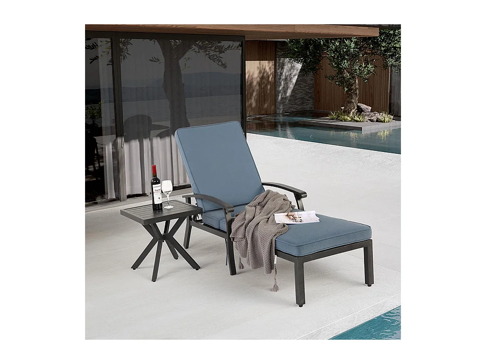 Chaise longue de jardin 1 pièce avec coussin bleu imperméable en coton inclinable et réglable structure aluminium antirouille transat piscine extérieur
