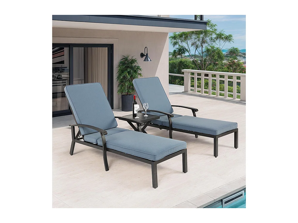Chaise longue de jardin 1 pièce avec coussin bleu imperméable en coton inclinable et réglable structure aluminium antirouille transat piscine extérieur