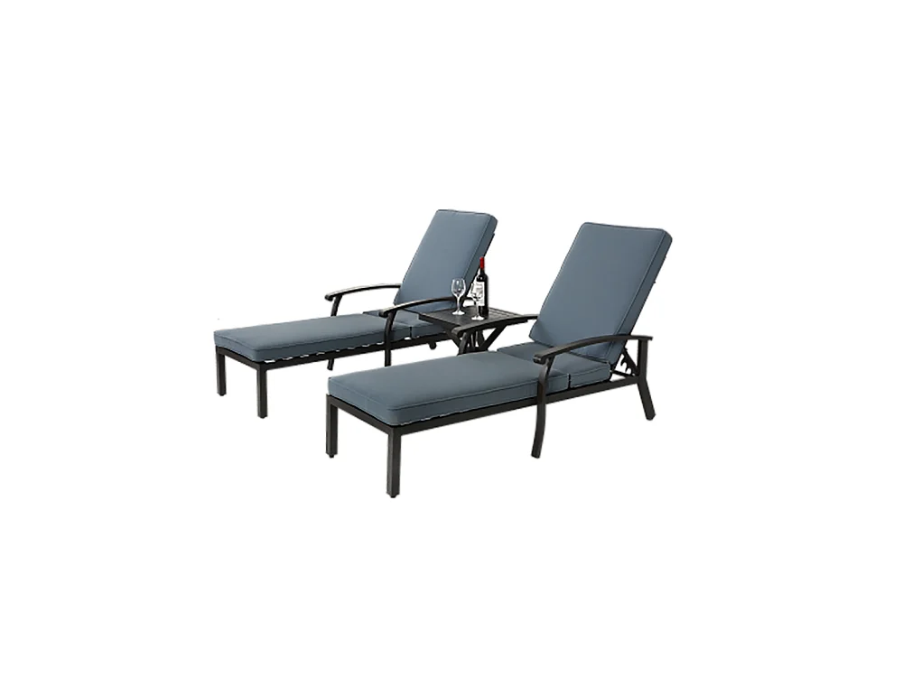 Chaise longue de jardin 1 pièce avec coussin bleu imperméable en coton inclinable et réglable structure aluminium antirouille transat piscine extérieur