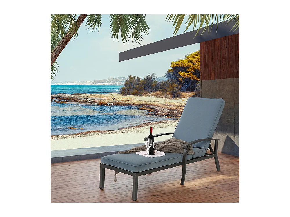 Chaise longue de jardin 1 pièce avec coussin bleu imperméable en coton inclinable et réglable structure aluminium antirouille transat piscine extérieur