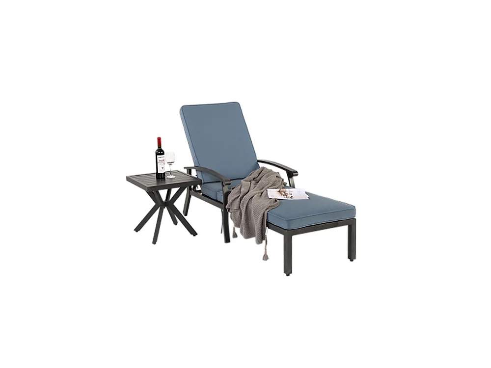 Chaise longue de jardin 1 pièce avec coussin bleu imperméable en coton inclinable et réglable structure aluminium antirouille transat piscine extérieur