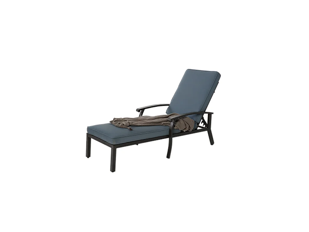 Chaise longue de jardin 1 pièce avec coussin bleu imperméable en coton inclinable et réglable structure aluminium antirouille transat piscine extérieur