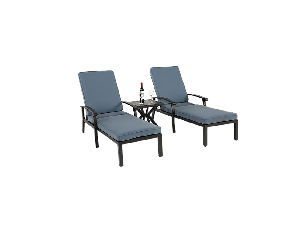 Chaise longue de jardin 1 pièce avec coussin bleu imperméable en coton inclinable et réglable structure aluminium antirouille transat piscine extérieur