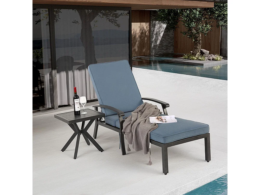 Chaise longue de jardin 1 pièce avec coussin bleu imperméable en coton inclinable et réglable structure aluminium antirouille transat piscine extérieur