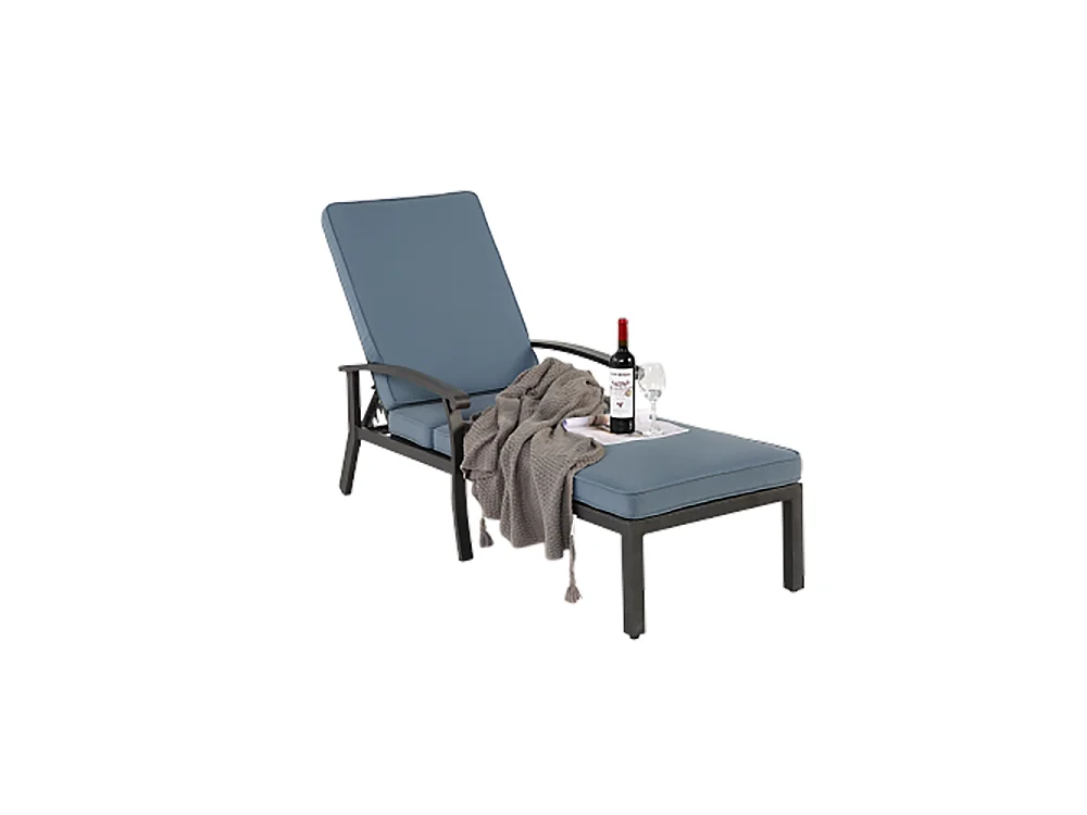 Chaise longue de jardin 1 pièce avec coussin bleu imperméable en coton inclinable et réglable structure aluminium antirouille transat piscine extérieur