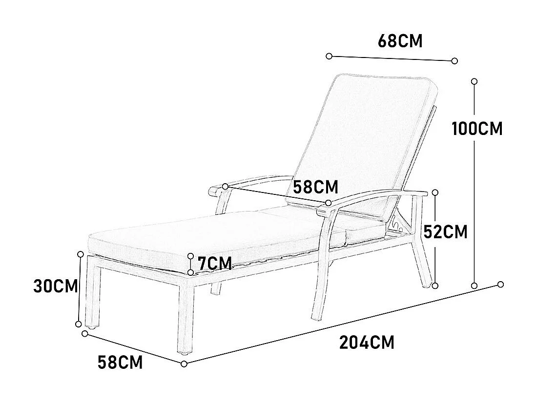Chaise longue de jardin 1 pièce avec coussin bleu imperméable en coton inclinable et réglable structure aluminium antirouille transat piscine extérieur
