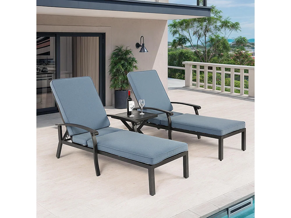 Chaise longue de jardin 1 pièce avec coussin bleu imperméable en coton inclinable et réglable structure aluminium antirouille transat piscine extérieur