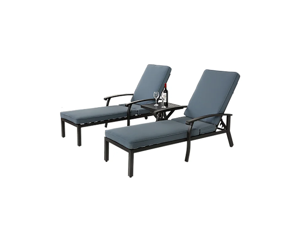 Chaise longue de jardin 1 pièce avec coussin bleu imperméable en coton inclinable et réglable structure aluminium antirouille transat piscine extérieur