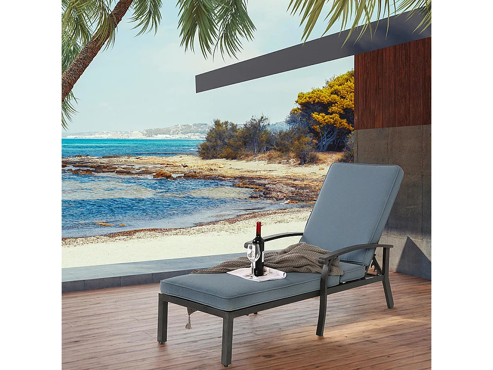 Chaise longue de jardin 1 pièce avec coussin bleu imperméable en coton inclinable et réglable structure aluminium antirouille transat piscine extérieur