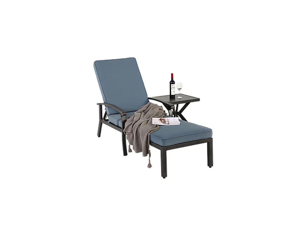 Chaise longue de jardin 1 pièce avec coussin bleu imperméable en coton inclinable et réglable structure aluminium antirouille transat piscine extérieur