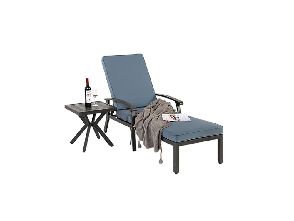 Chaise longue de jardin 1 pièce avec coussin bleu imperméable en coton inclinable et réglable structure aluminium antirouille transat piscine extérieur