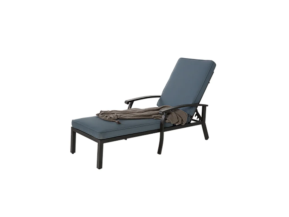 Chaise longue de jardin 1 pièce avec coussin bleu imperméable en coton inclinable et réglable structure aluminium antirouille transat piscine extérieur