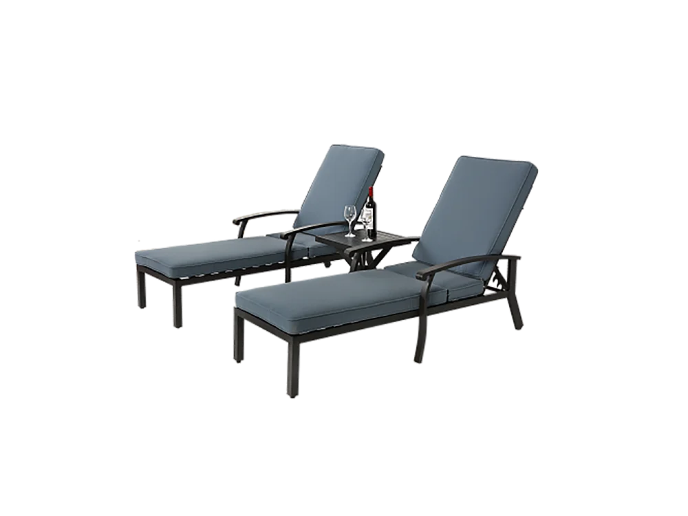Chaise longue de jardin 1 pièce avec coussin bleu imperméable en coton inclinable et réglable structure aluminium antirouille transat piscine extérieur
