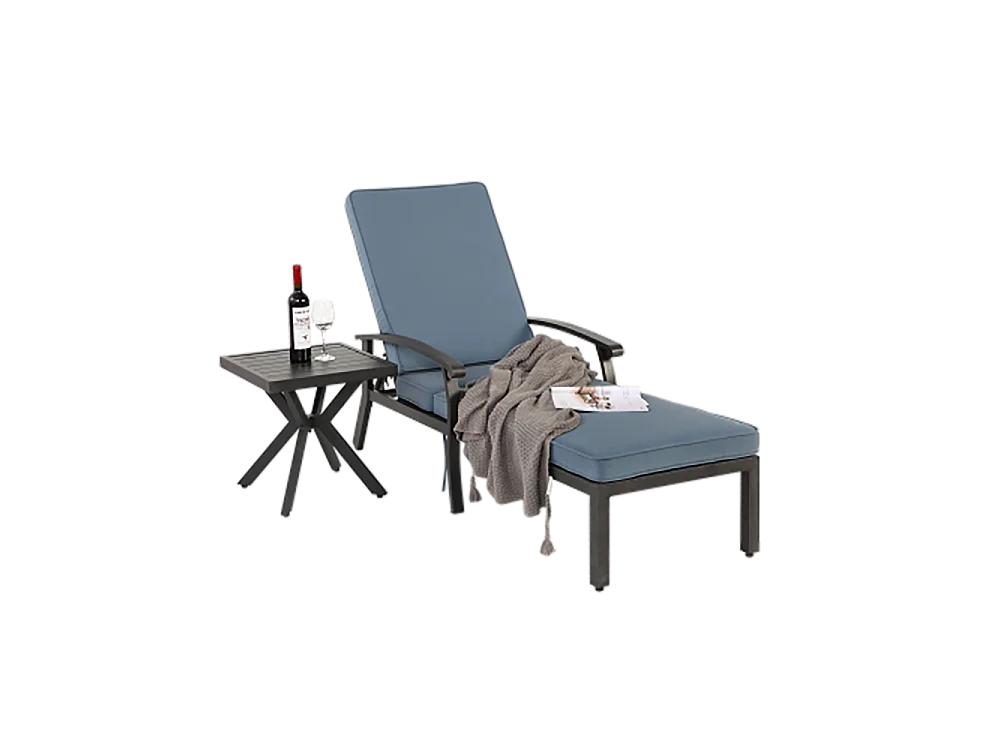 Chaise longue de jardin 1 pièce avec coussin bleu imperméable en coton inclinable et réglable structure aluminium antirouille transat piscine extérieur