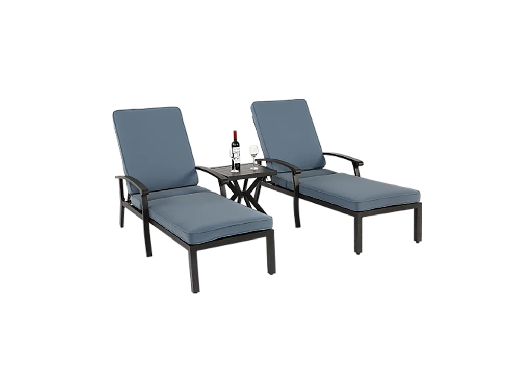 Chaise longue de jardin 1 pièce avec coussin bleu imperméable en coton inclinable et réglable structure aluminium antirouille transat piscine extérieur