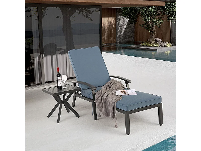 Chaise longue de jardin 1 pièce avec coussin bleu imperméable en coton inclinable et réglable structure aluminium antirouille transat piscine extérieur