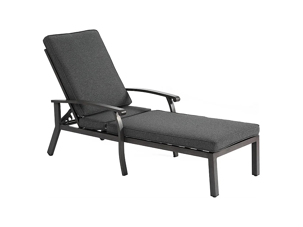 Chaise longue de patio 1 pièce en aluminium antirouille inclinable et réglable avec coussin gris imperméable en coton meuble transat piscine extérieur