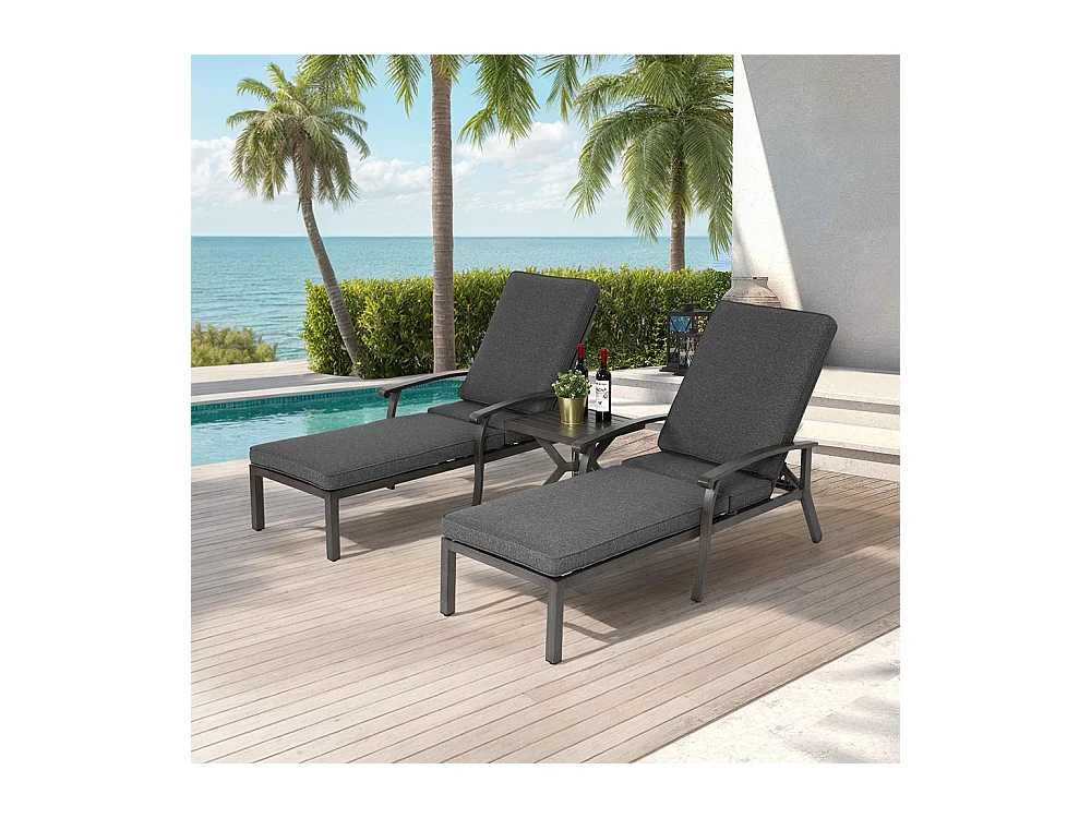 Chaise longue de patio 1 pièce en aluminium antirouille inclinable et réglable avec coussin gris imperméable en coton meuble transat piscine extérieur