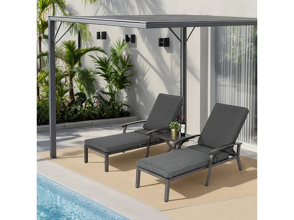 Chaise longue de patio 1 pièce en aluminium antirouille inclinable et réglable avec coussin gris imperméable en coton meuble transat piscine extérieur