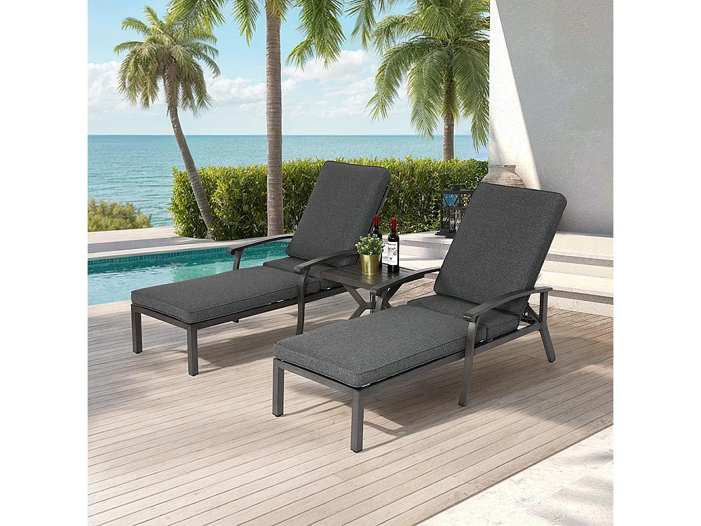 Chaise longue de patio 1 pièce en aluminium antirouille inclinable et réglable avec coussin gris imperméable en coton meuble transat piscine extérieur
