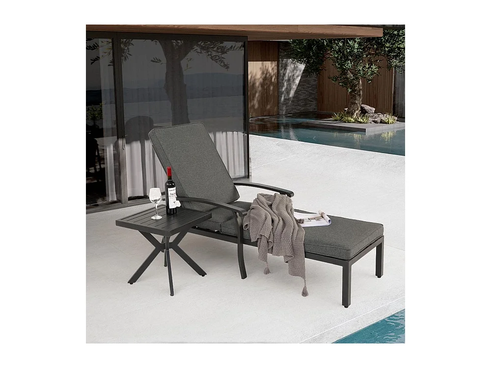Chaise longue de jardin 1 pièce avec coussin gris imperméable en coton inclinable et réglable structure aluminium antirouille transat piscine extérieur