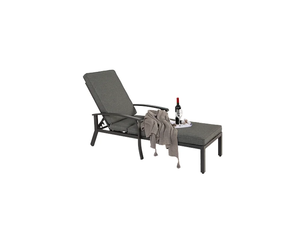 Chaise longue de jardin 1 pièce avec coussin gris imperméable en coton inclinable et réglable structure aluminium antirouille transat piscine extérieur