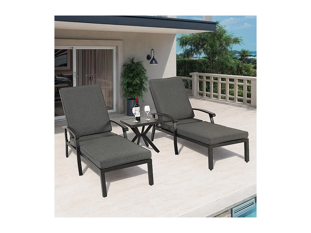 Chaise longue de jardin 1 pièce avec coussin gris imperméable en coton inclinable et réglable structure aluminium antirouille transat piscine extérieur