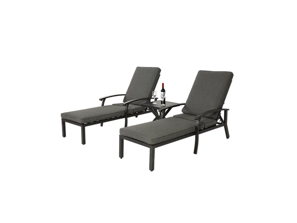 Chaise longue de jardin 1 pièce avec coussin gris imperméable en coton inclinable et réglable structure aluminium antirouille transat piscine extérieur
