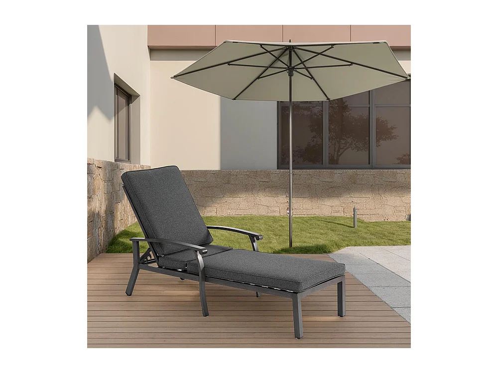 Chaise longue de jardin 1 pièce avec coussin gris imperméable en coton inclinable et réglable structure aluminium antirouille transat piscine extérieur