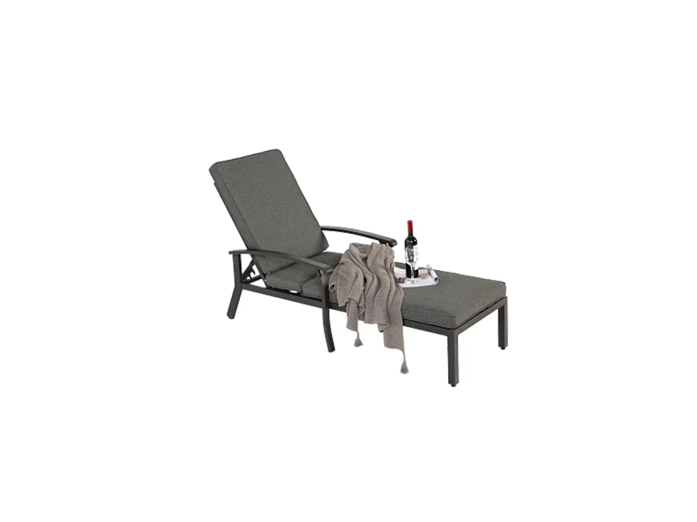Chaise longue de jardin 1 pièce avec coussin gris imperméable en coton inclinable et réglable structure aluminium antirouille transat piscine extérieur