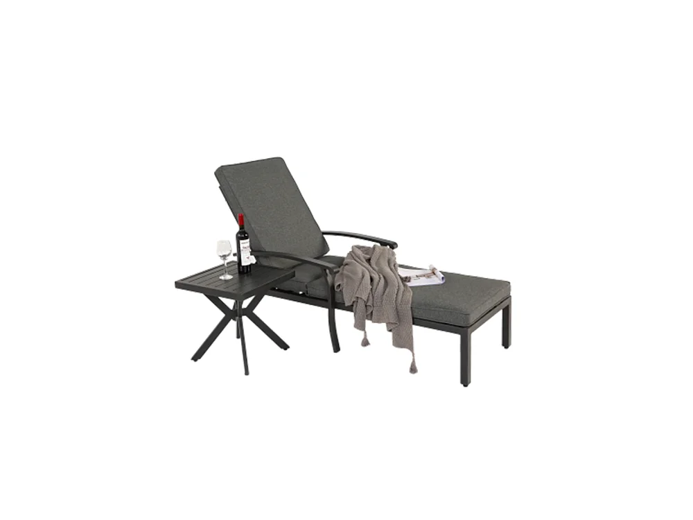 Chaise longue de jardin 1 pièce avec coussin gris imperméable en coton inclinable et réglable structure aluminium antirouille transat piscine extérieur