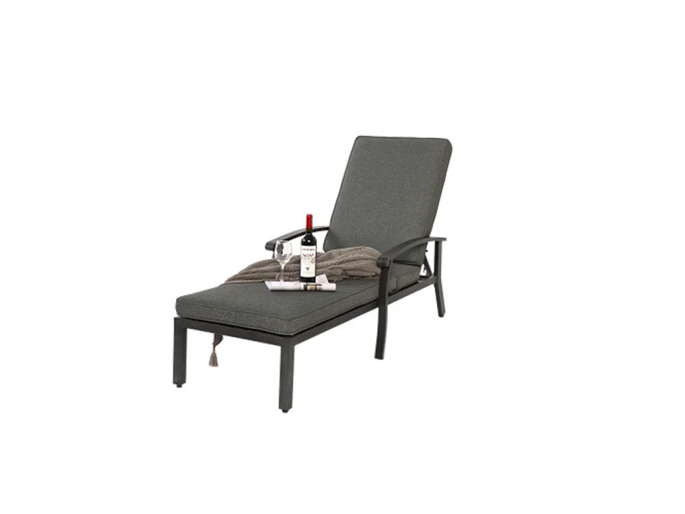 Chaise longue de jardin 1 pièce avec coussin gris imperméable en coton inclinable et réglable structure aluminium antirouille transat piscine extérieur