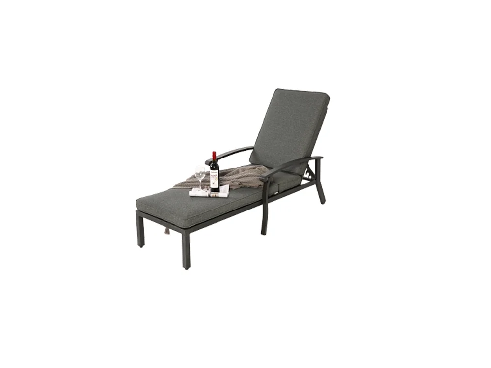 Chaise longue de jardin 1 pièce avec coussin gris imperméable en coton inclinable et réglable structure aluminium antirouille transat piscine extérieur